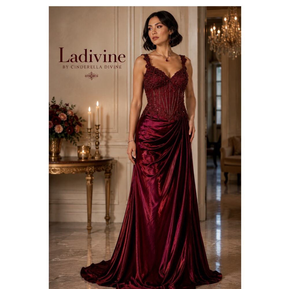Ladivine Cinderella Divine Burgundy Beaded Corset Formal Gown Size 8